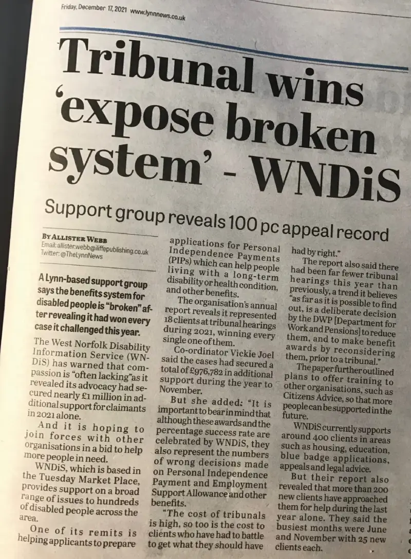 Tribunal wins ‘expose broken system’ Article about WNDiS in Lynn News, Dec 2021